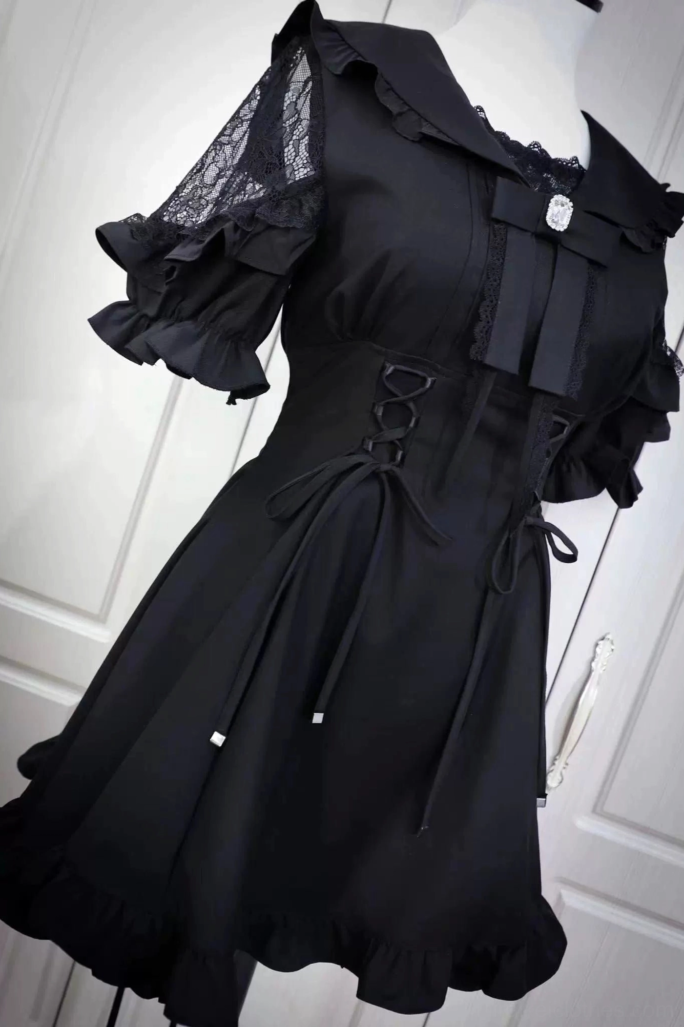 Black Jirai Kei sailor dress shorts coordinates lace trim functional corset lacing alternative fashion