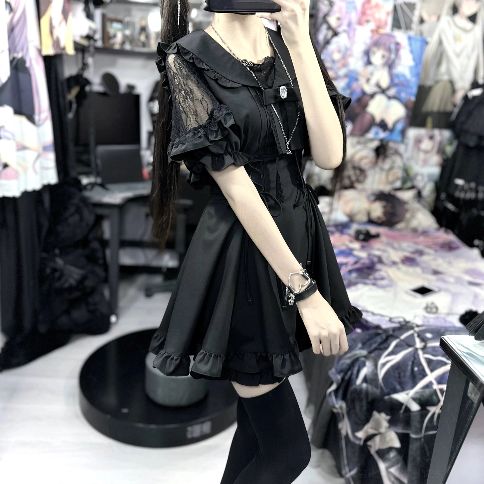 Black Jirai Kei sailor dress with side pockets and flounce hemline shorts coordinating set