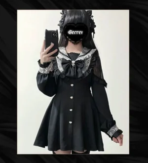 Black Jirai Kei sailor collar lace dress with detachable rhinestone bow front view model wearing thigh-high socks and platform shoes