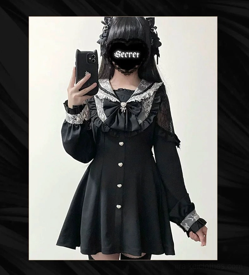 Black Jirai Kei sailor collar lace dress with detachable rhinestone bow front view model wearing thigh-high socks and platform shoes