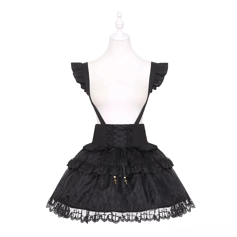 Black Jirai Kei suspender skirt back view flat lay dress form corset waist lace-trimmed hem cross pendant decorations
