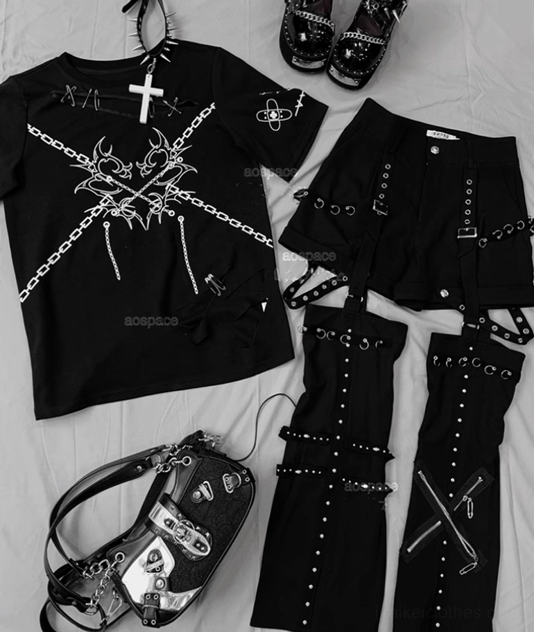 Mannequin display of single black jirai kei distressed t-shirt showcasing chest cutout chain print and side rip details