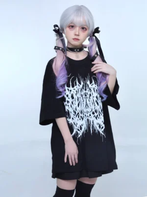 Oversized black gothic Jirai Kei t-shirt medium shot front view brutal white metal typography print crew neck relaxed fit