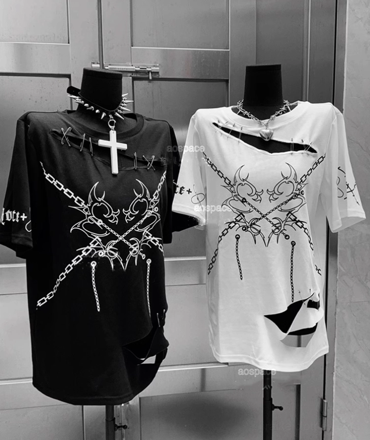 Black jirai kei punk t-shirt close-up detail showing safety pin anchor points reinforced cutout edges and chain graphics texture