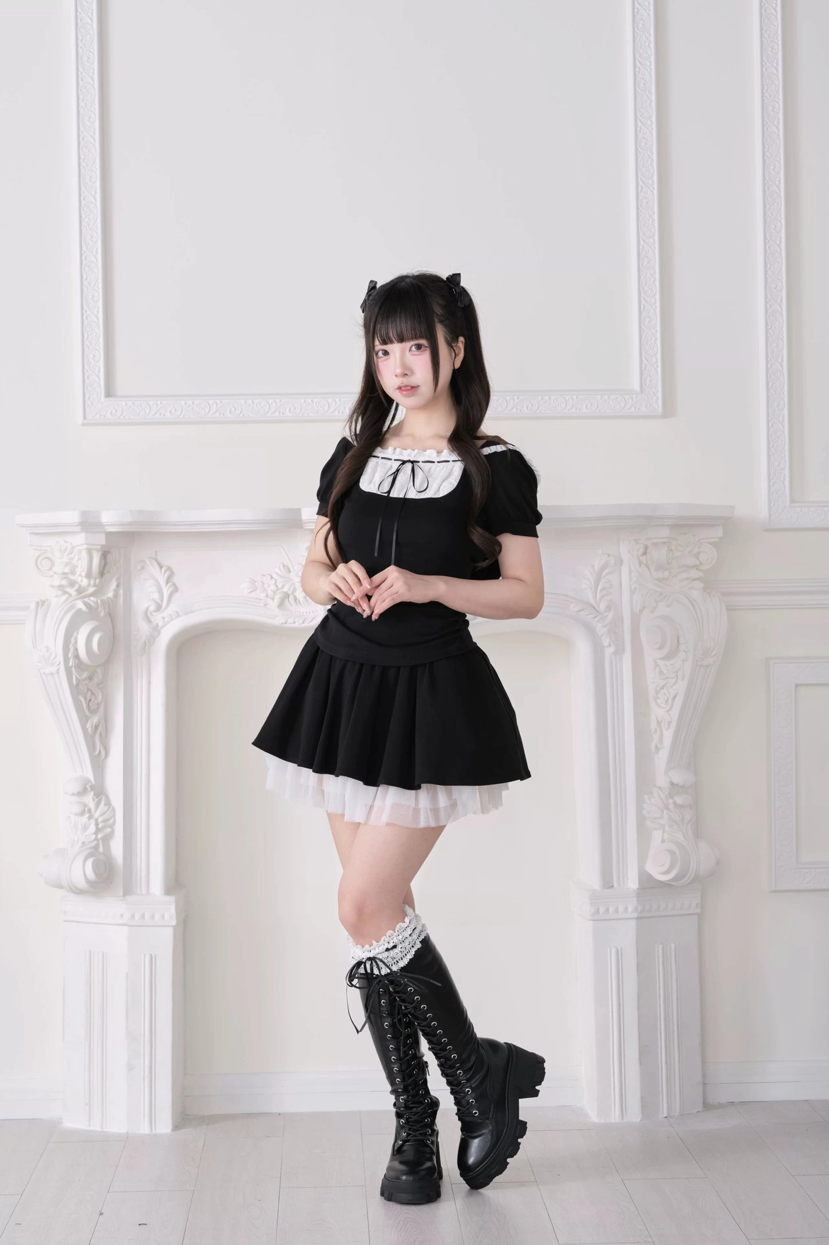 Black Jirai Kei hoodie tulle skirt ensemble side front full body view with white tulle layers and platform lace-up boots