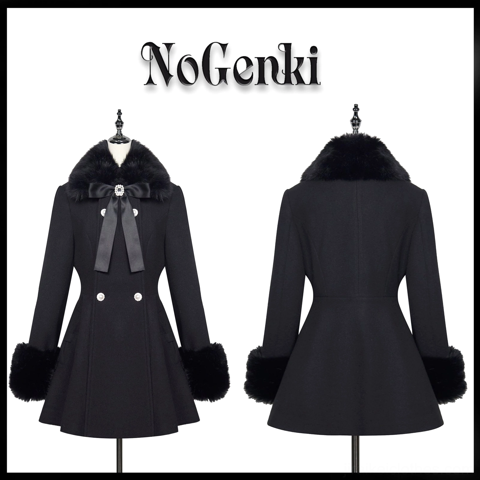 Black Jirai Kei women's winter dress coat front and back product display featuring faux fur collar cuffs ribbon bow and double-breasted buttons