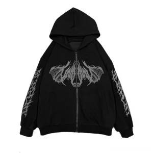 Black Jirai Kei zip hoodie with grey skeletal wing and bone print design, front flat lay view showing full zipper closure and intricate gothic graphics, punk subculture hoodie