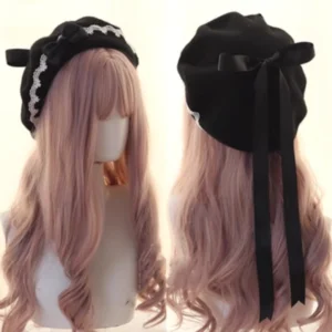 Classic black Lolita lace butterfly beret with white lace trim and black ribbon bow, front and back display on mannequin with long brown wig