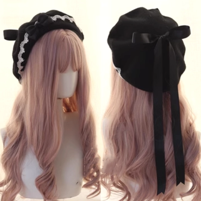 Classic black Lolita lace butterfly beret with white lace trim and black ribbon bow, front and back display on mannequin with long brown wig