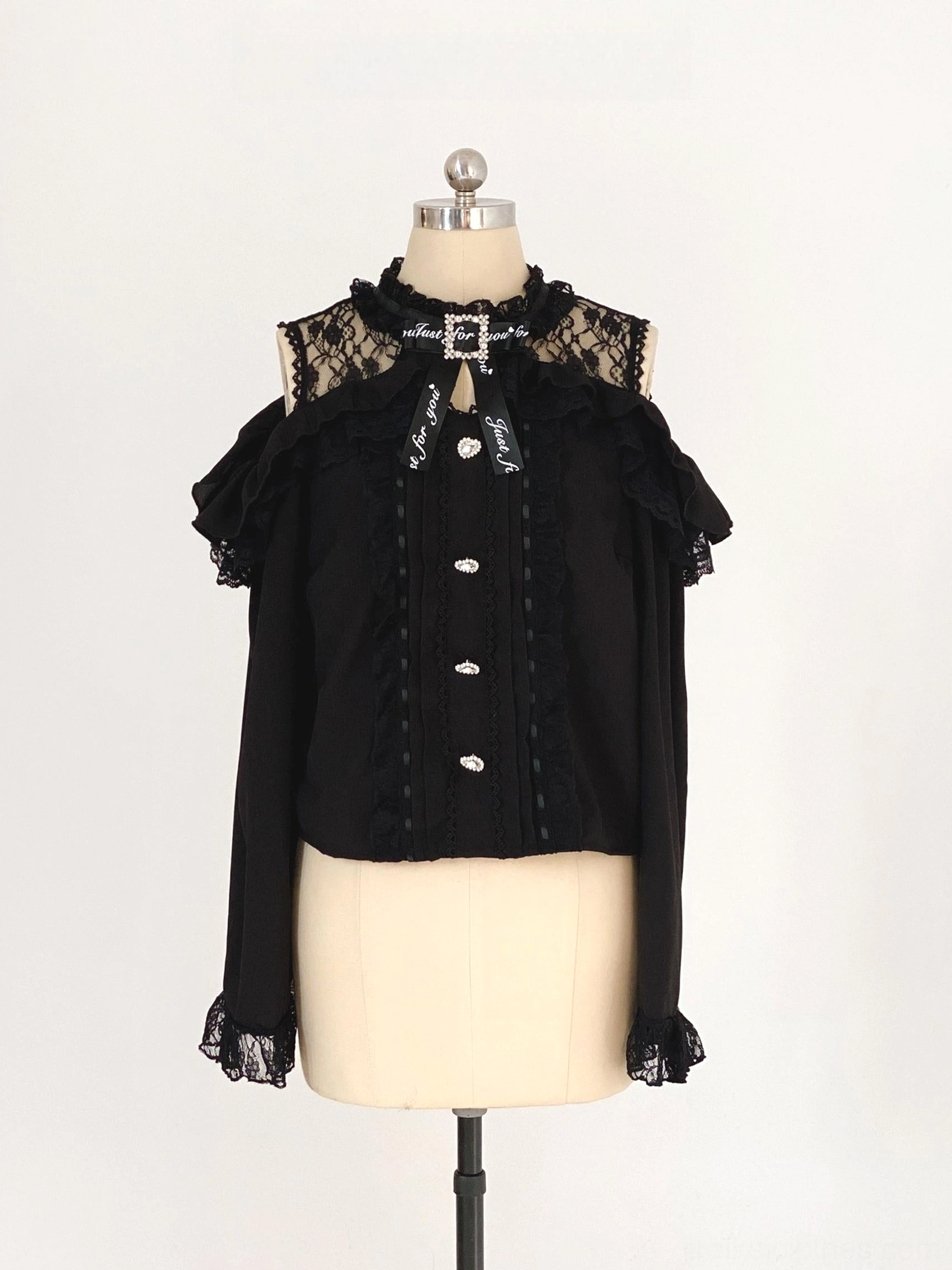 Black Lace Cold-Shoulder Jirai Kei Blouse Button Placket Detail - Front Decorative Buttons Close-Up
