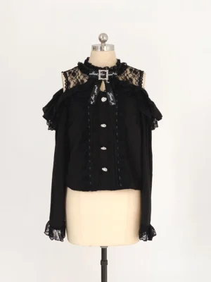 Black Lace Cold-Shoulder Jirai Kei Blouse with Decorative Lace Trim and Ruffled Sleeves - Front Flat Display