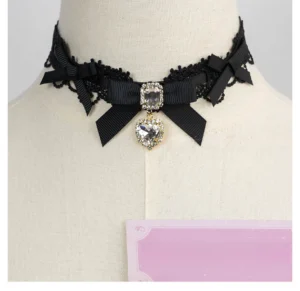 Black lace bow choker gothic style dangling crystal pendant front display