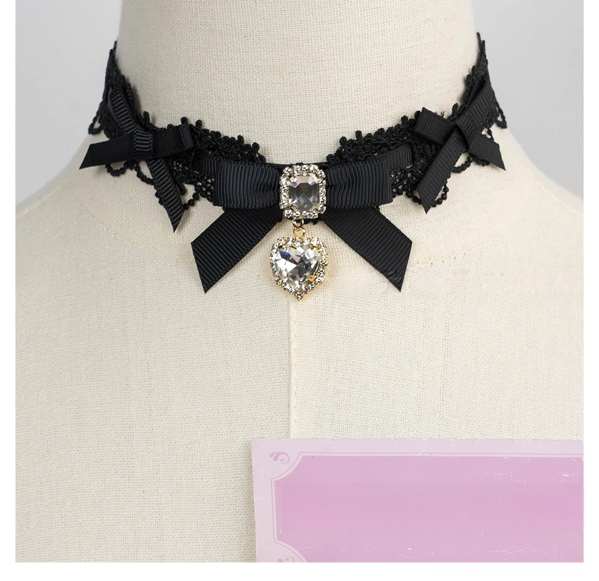 Black lace bow choker gothic style dangling crystal pendant front display