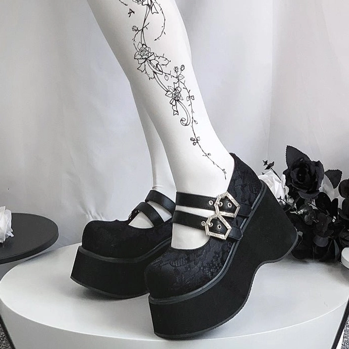 Black lace Mary Jane platform shoes featuring delicate lace texture pattern dual hexagonal silver buckles and thick wedge platform sole