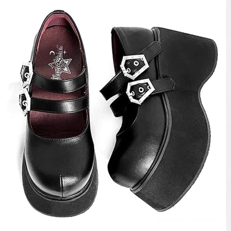Pair of smooth black leather Mary Jane platform shoes with dual decorative silver buckles thick wedge sole and dark red custom insole top and side view