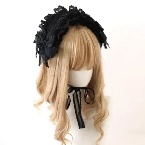 Black lolita head hairband with curved lace trim and side bow details on mannequin side front view showcase