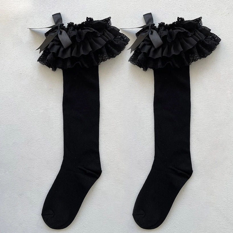 Black long Jirai Kei knee-length lace socks layered ruffles satin bow bold romantic aesthetic extended coverage