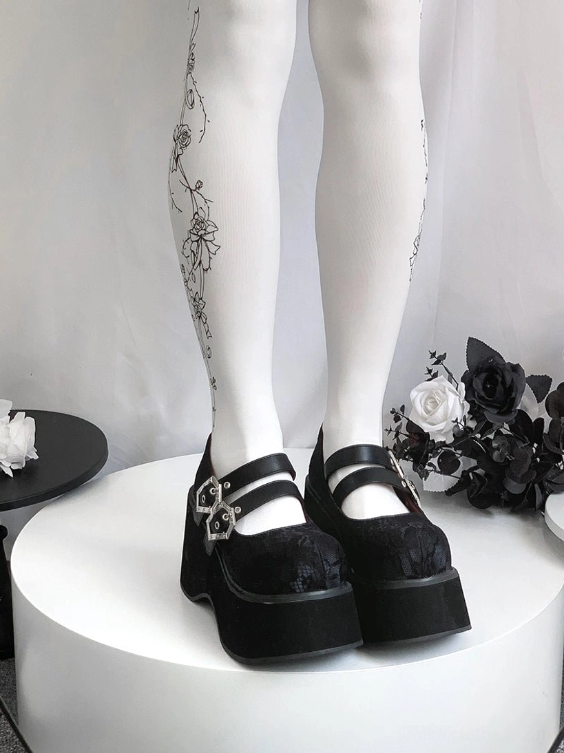 Gothic platform Mary Jane shoes black leather upper display showing dual silver decorative buckles thick platform sole and dark red insole peek