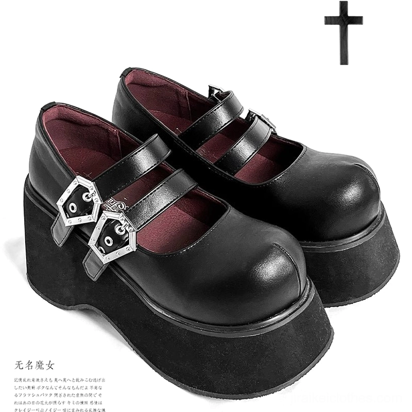 Smooth black leather Mary Jane platform shoes with dual silver buckles thick wedge platform sole and dark red insole front three-quarter side detail view