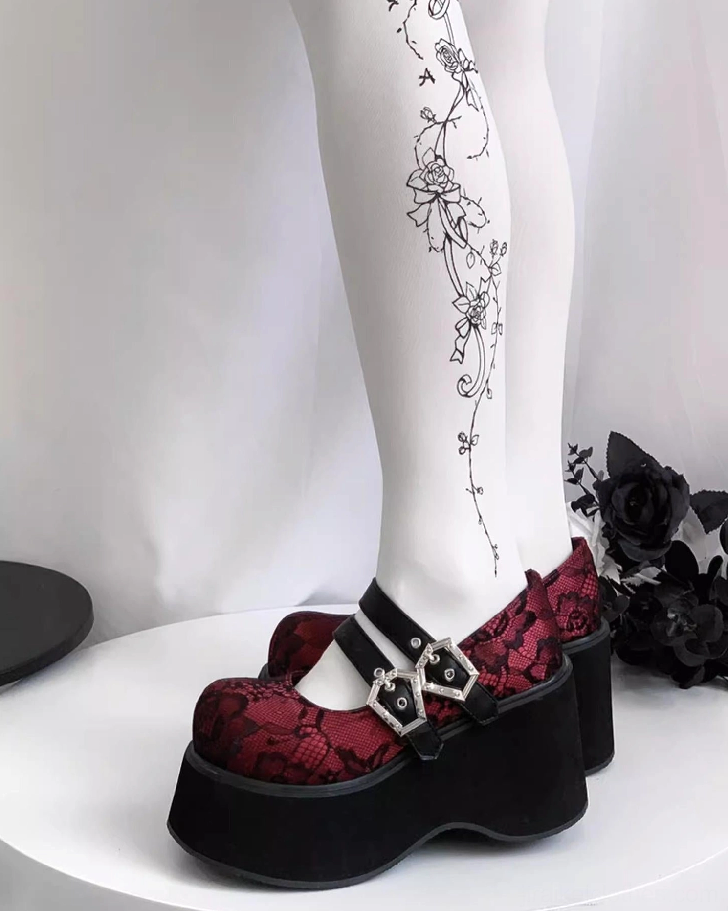 Mary Jane platform shoes black leather construction showing PU material quality dual silver buckles and thick EVA platform sole