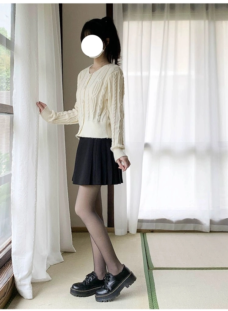 Black matte tights jirai kei full body side view schoolgirl outfit bright room