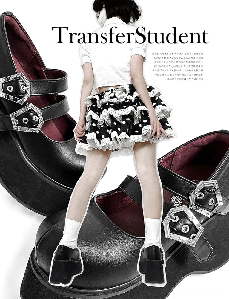 Mary Jane platform shoes black matte leather construction showing PU upper material quality dual buckles and thick EVA sole