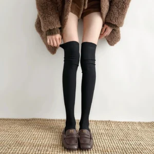Black over-the-knee ribbed socks Jirai Kei aesthetic worn with loafers fuzzy coat studio styling