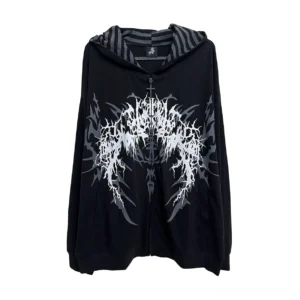 Black oversized cotton jirai kei hooded jacket with white thorn graphic print front flat lay product view featuring striped hood lining