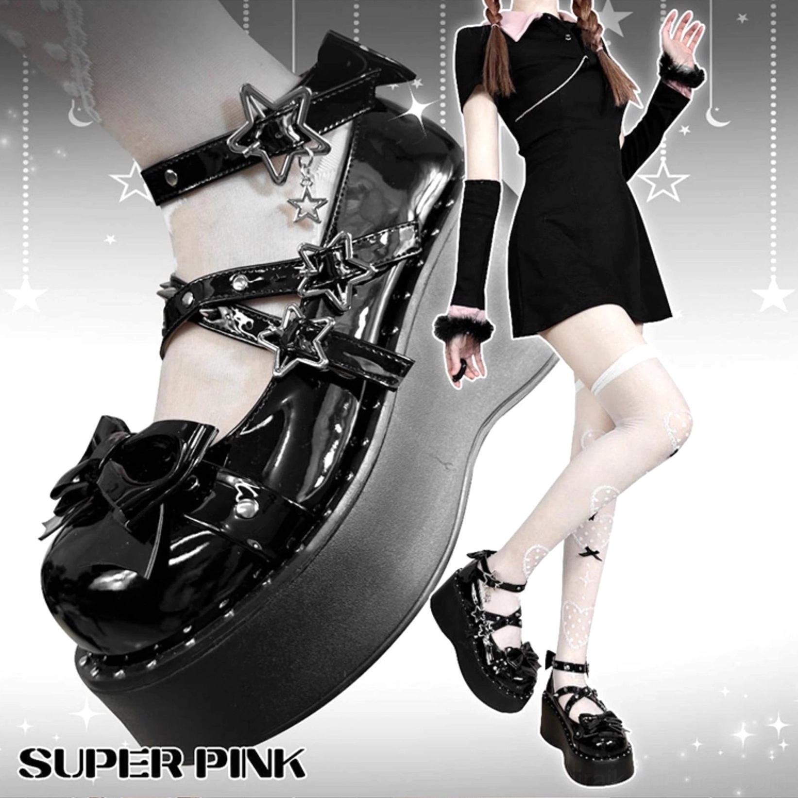 Black platform Mary Jane shoe side close-up worn on model's leg, patent finish with star buckle straps visible, chunky platform sole and bow accent details