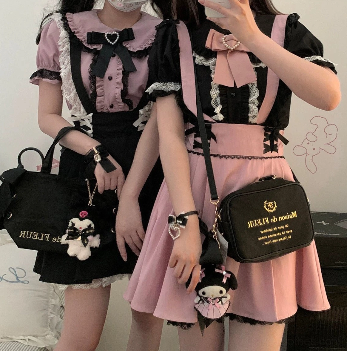 Black Peter Pan collar Jirai Kei blouse lace trim ruffled sleeves heart-shaped buttons detail showcase