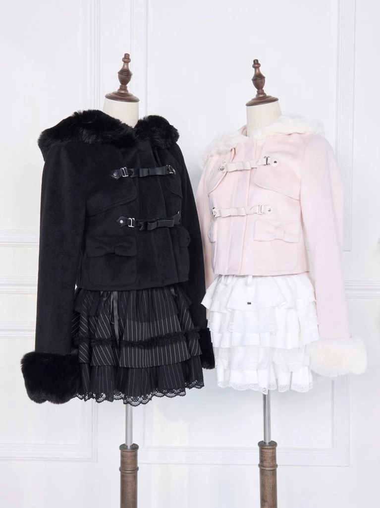Black and pink hooded rousangata cropped coats on mannequins, studio front-side view showcasing detachable plush fur cuffs and structural design of jirai kei coat silhouette