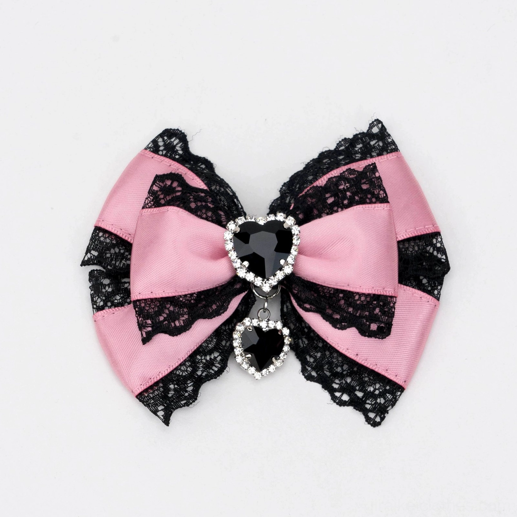 black and pink jirai kei bow hair clip pink satin with black lace trim heart rhinestone black dangling gem