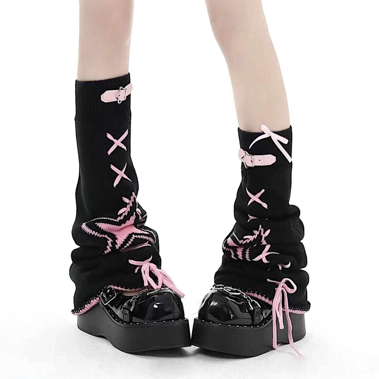 Black pink star leg warmers front close up detail pink lacing leather buckles star accents aesthetic