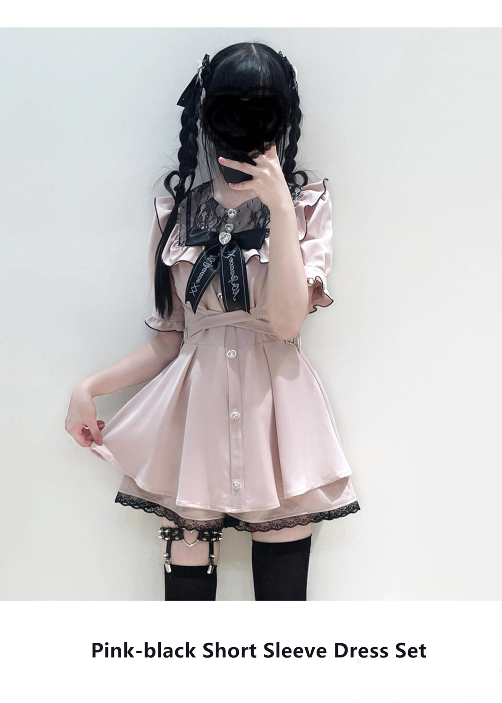 Black pink short sleeve Jirai Kei dress set mirror selfie braided twin-tailed model ruffled collar garter stockings