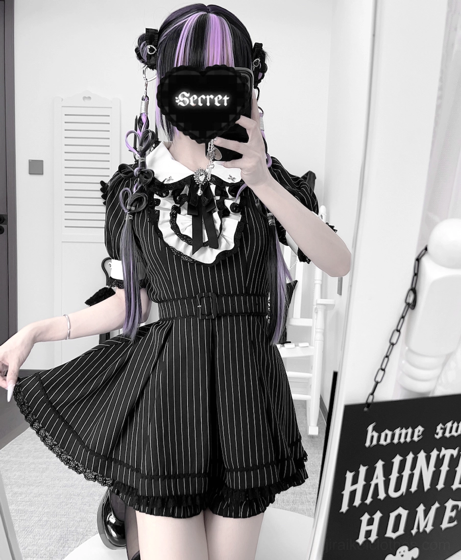 Black pinstripe maid Jirai Kei dress with flared skirt ruffled collar and detachable apron