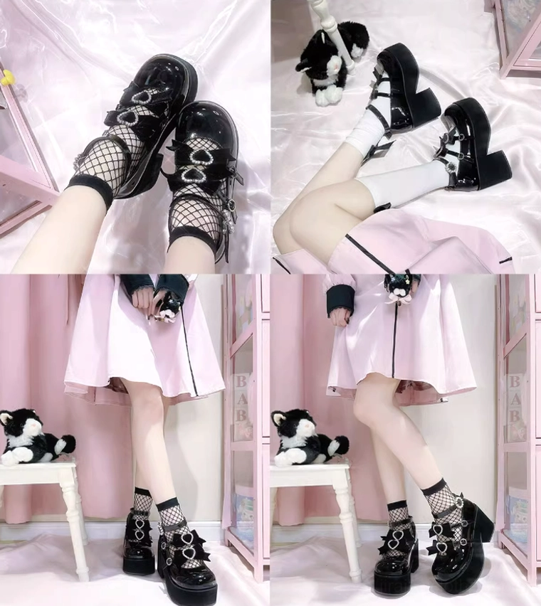 Split view close-up of black platform shoes showing fishnet socks, ankle buckles, thick chunky platform soles and heart rhinestone details in home setting with plush toys