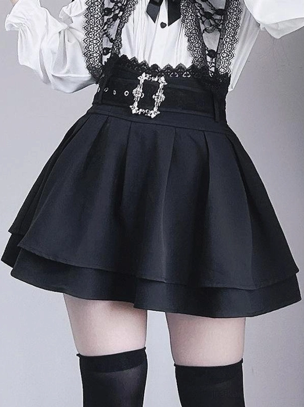 Black solid pleated mini Jirai Kei skirt multiple size options elastic waistband minimalist gothic style skirt