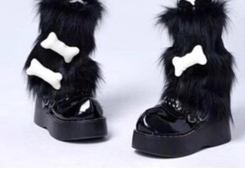 Black plush leg warmers single option Y2K Jirai Kei essential piece bone accents punk aesthetic standalone product
