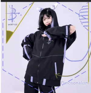 Black and purple Jirai Kei bunny ear hoodie jacket with detachable sleeves and stand-up collar front medium view showing chest embroidery details