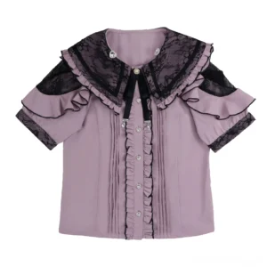 Black and Purple Jirai Kei Blouse with Adjustable Bow Collar and Black Lace Ruffled Details - Front Flat Lay Display