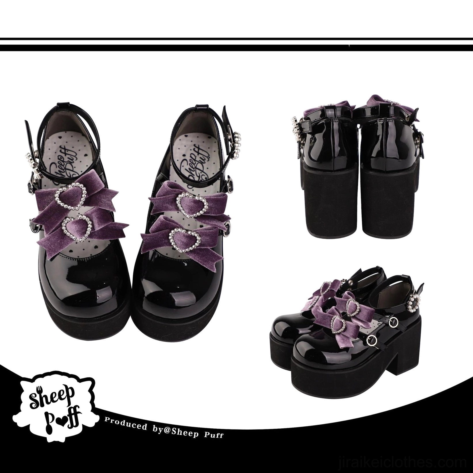 Black-purple color variant of velvet butterfly platform shoes with heart rhinestone bow embellishment, styled with black accessories and dark aesthetic