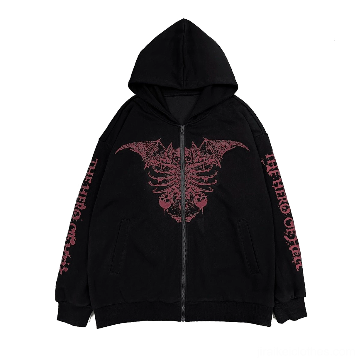 Black Jirai Kei zip hoodie with red ghost and bat-scorpion hybrid print, maroon red sleeve typography, dark gothic punk design for subculture enthusiasts
