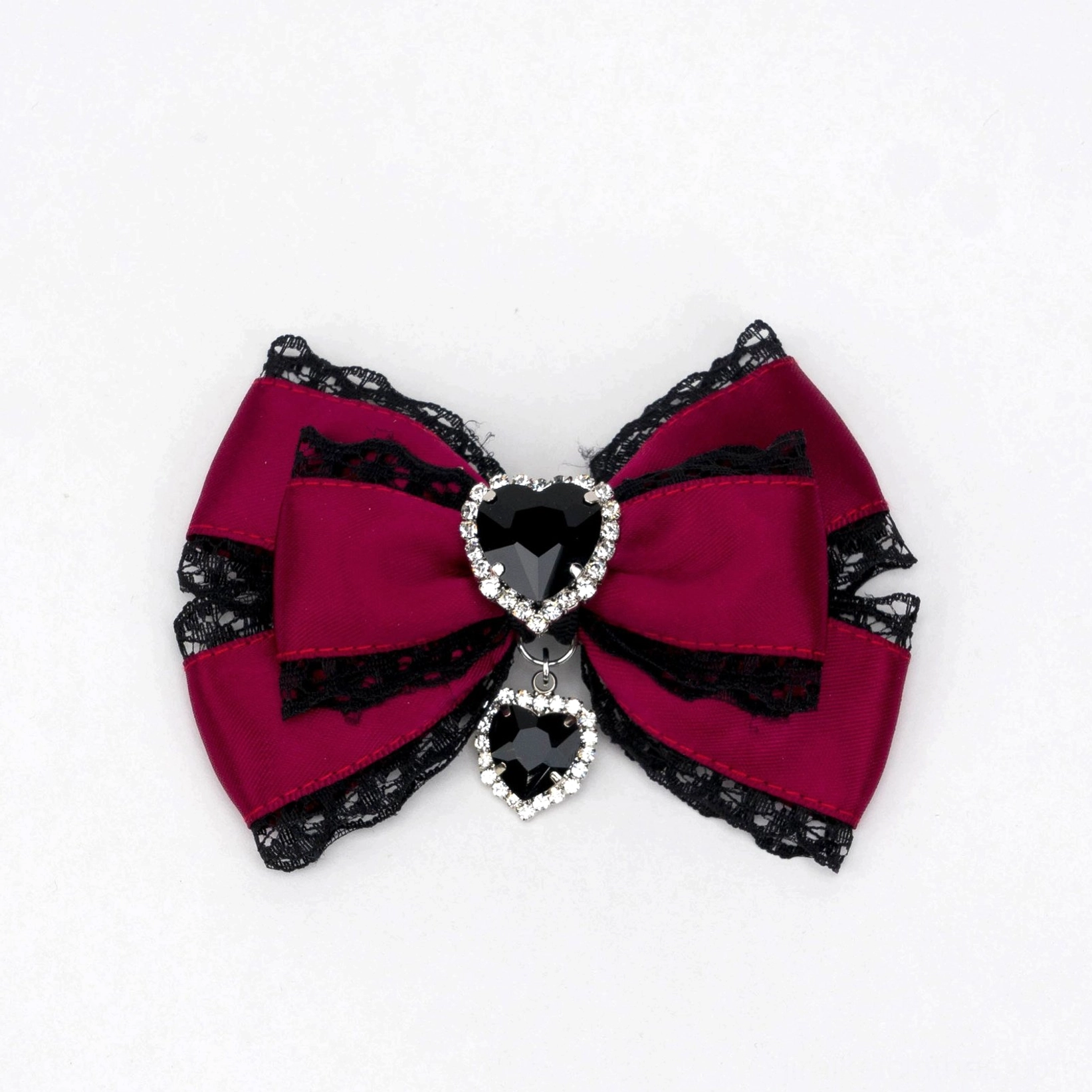 black and red jirai kei bow hair clip burgundy satin with black lace heart rhinestone dangling charm detail