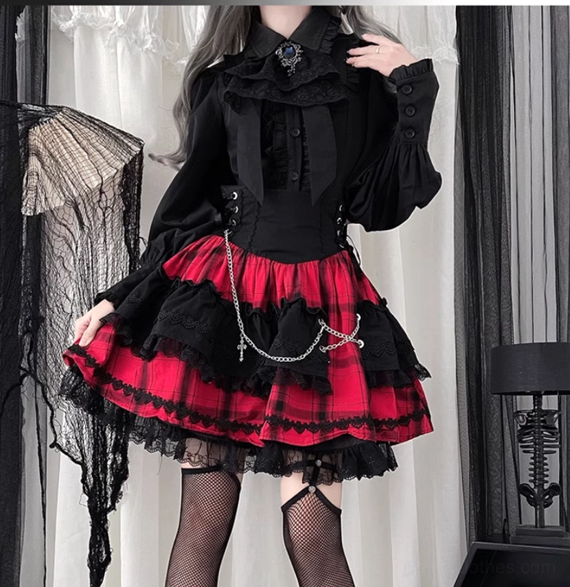 Black and red Jirai Kei Gothic Lolita outfit standing side view with ruffled plaid skirt