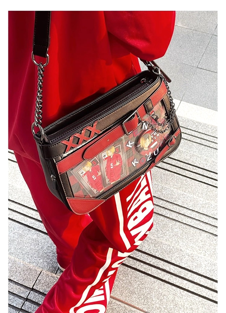 Black and red Jirai Kei ita bag with vibrant warm-toned anime character badges and patches display