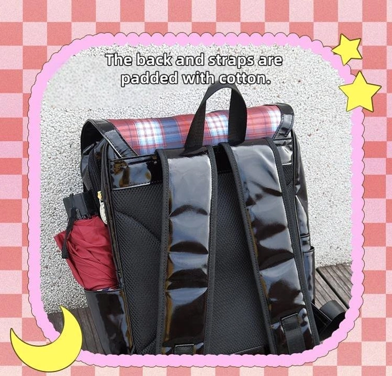 Black-red plaid star ita backpack styled with kawaii aesthetic collectibles and charm accessories