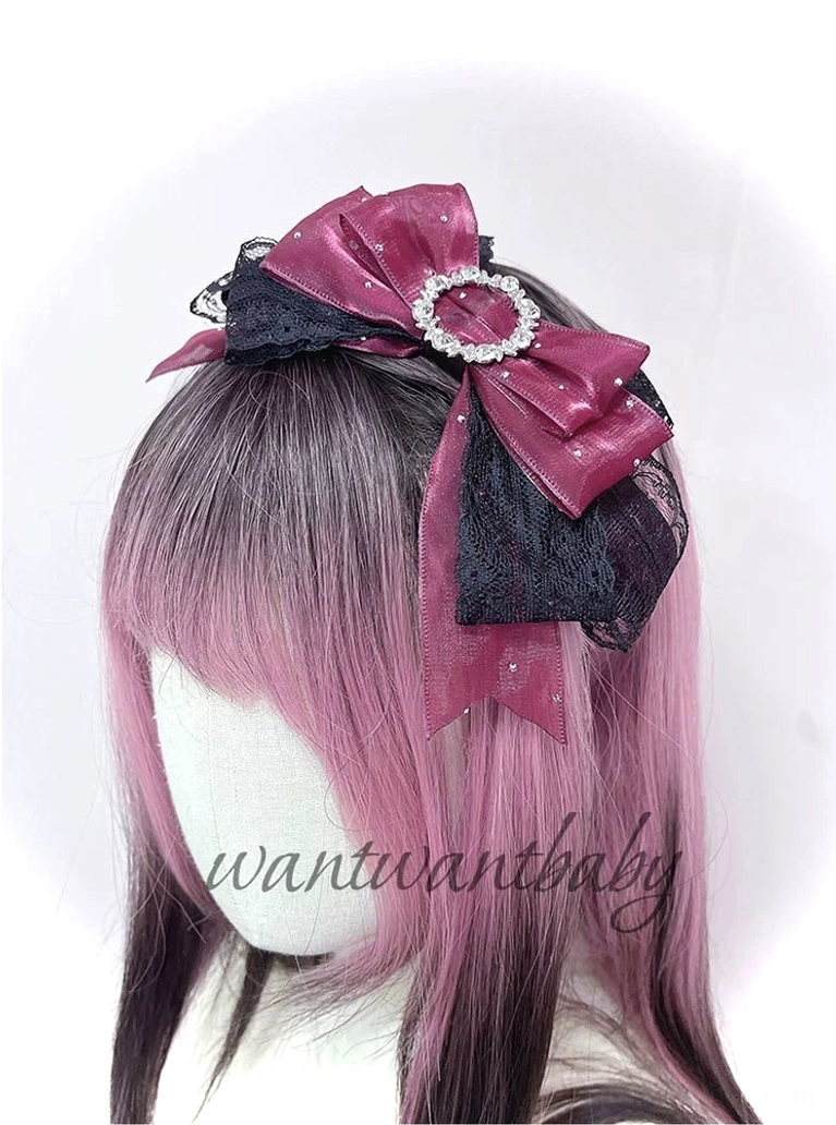Black and red layered rhinestone bow jirai kei headband with sparkling crystals and lace trim on ombre wig mannequin front view