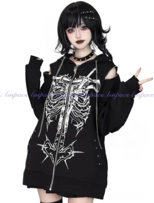 Black ribcage anatomy print zipper hoodie with cutout shoulders front three-quarter view gothic jirai kei style