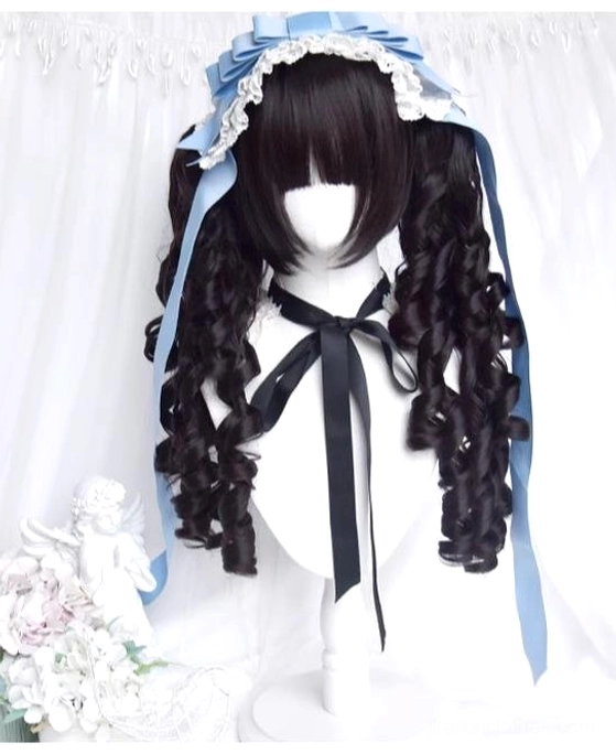 Black Roman curly double ponytail wig with large claw clips secure fastening demonstration