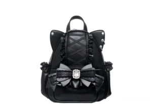 Black Ryousangata cat ear gothic backpack with lace-up front cross-design and sparkling gem bow - Jirai Kei PU leather backpack front flat view